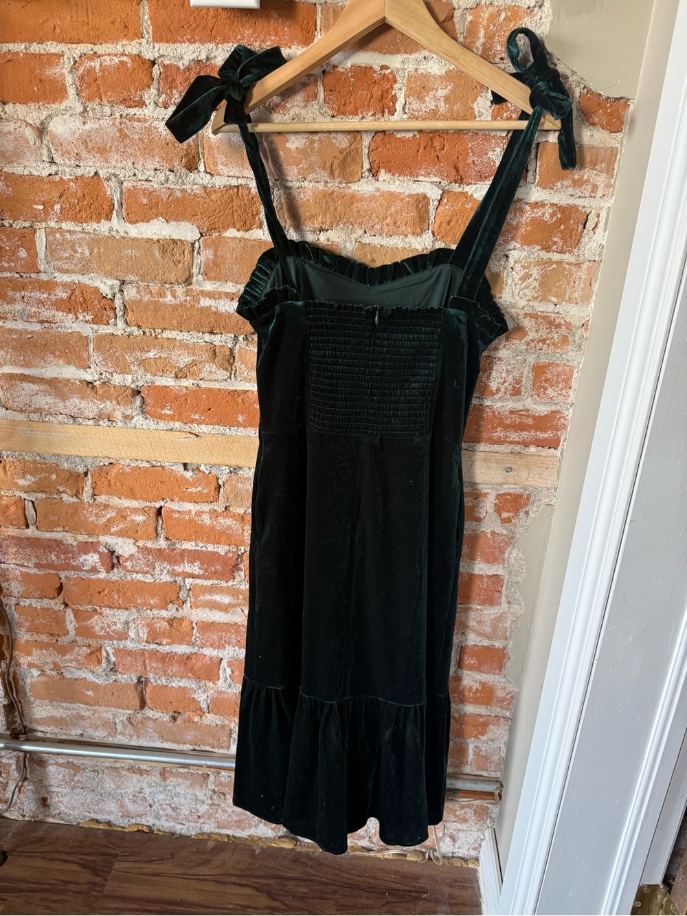 Belle & Bloom Dark Green Velvet Midi Dress with Tie Straps - Picture 2 of 5
